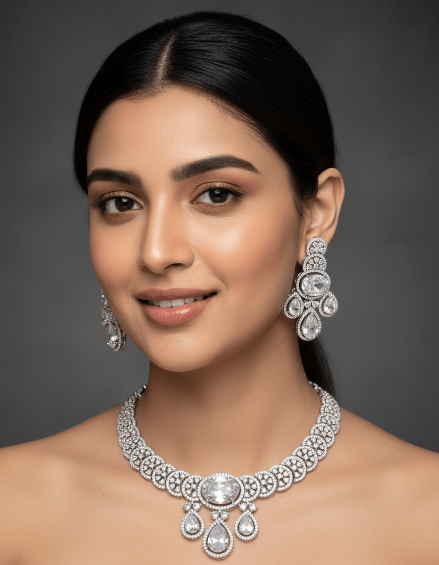 Nora American Diamond Silver Necklace Set