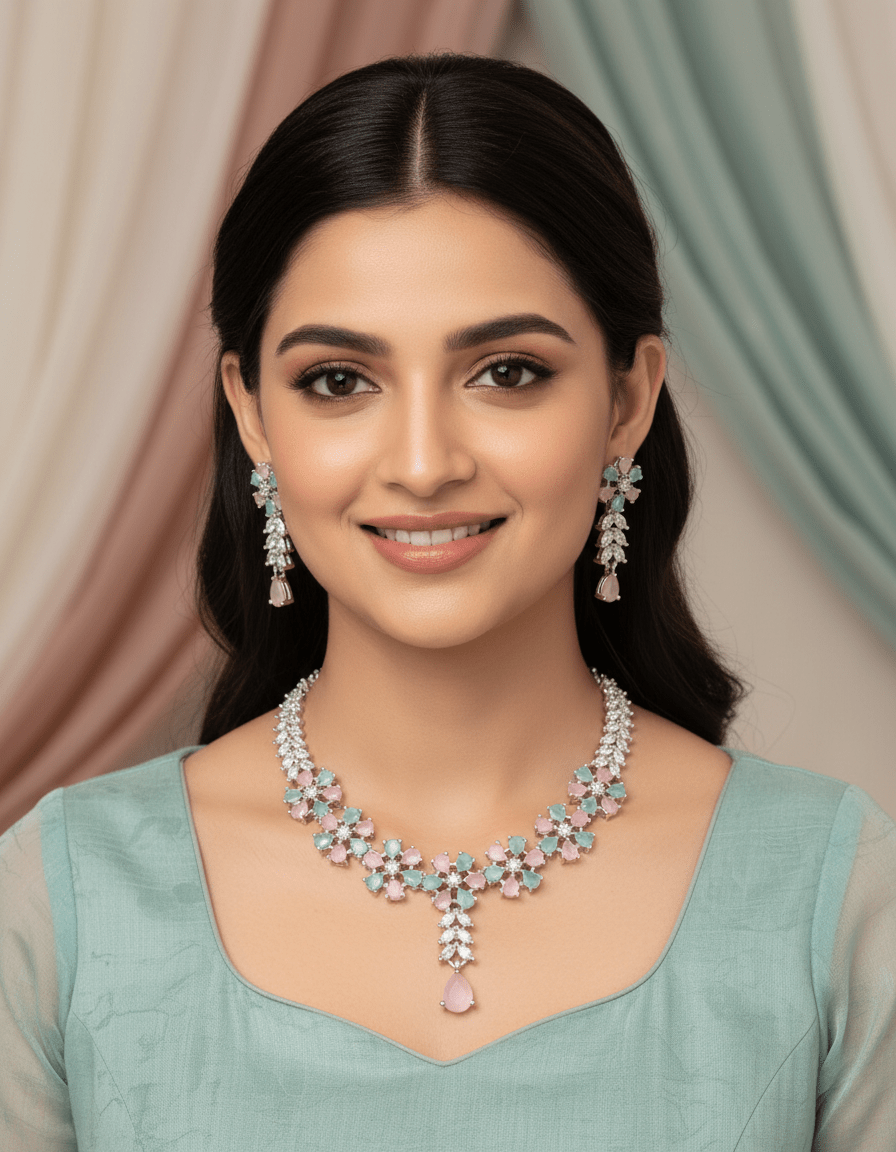 Kusum American Diamond Silver Necklace Set