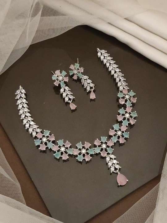 Kusum American Diamond Silver Necklace Set